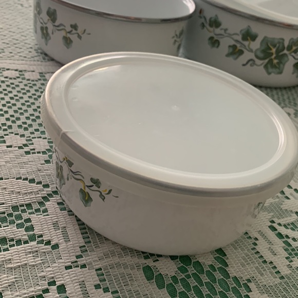 Vintage Enamel Nesting Bowls / Pots - Calloway Green Ivy -3 piece set with bonus - Picture 5 of 14